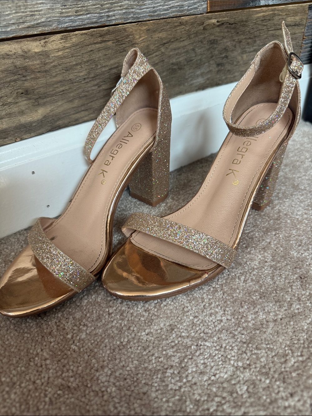 Allegra K Glitter Ankle-Strap Block Heels in Rose